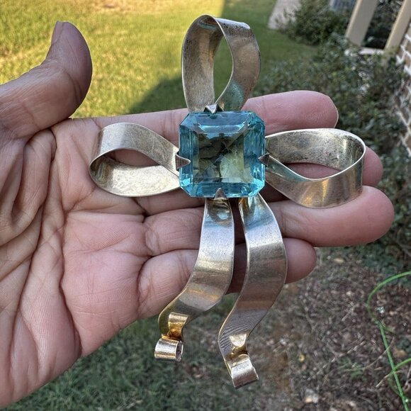 VTG Sterling Silver Ribbon Blue Aqua Glass Stone Brooch MCM 4" Retro 29.4g - Picture 3 of 7